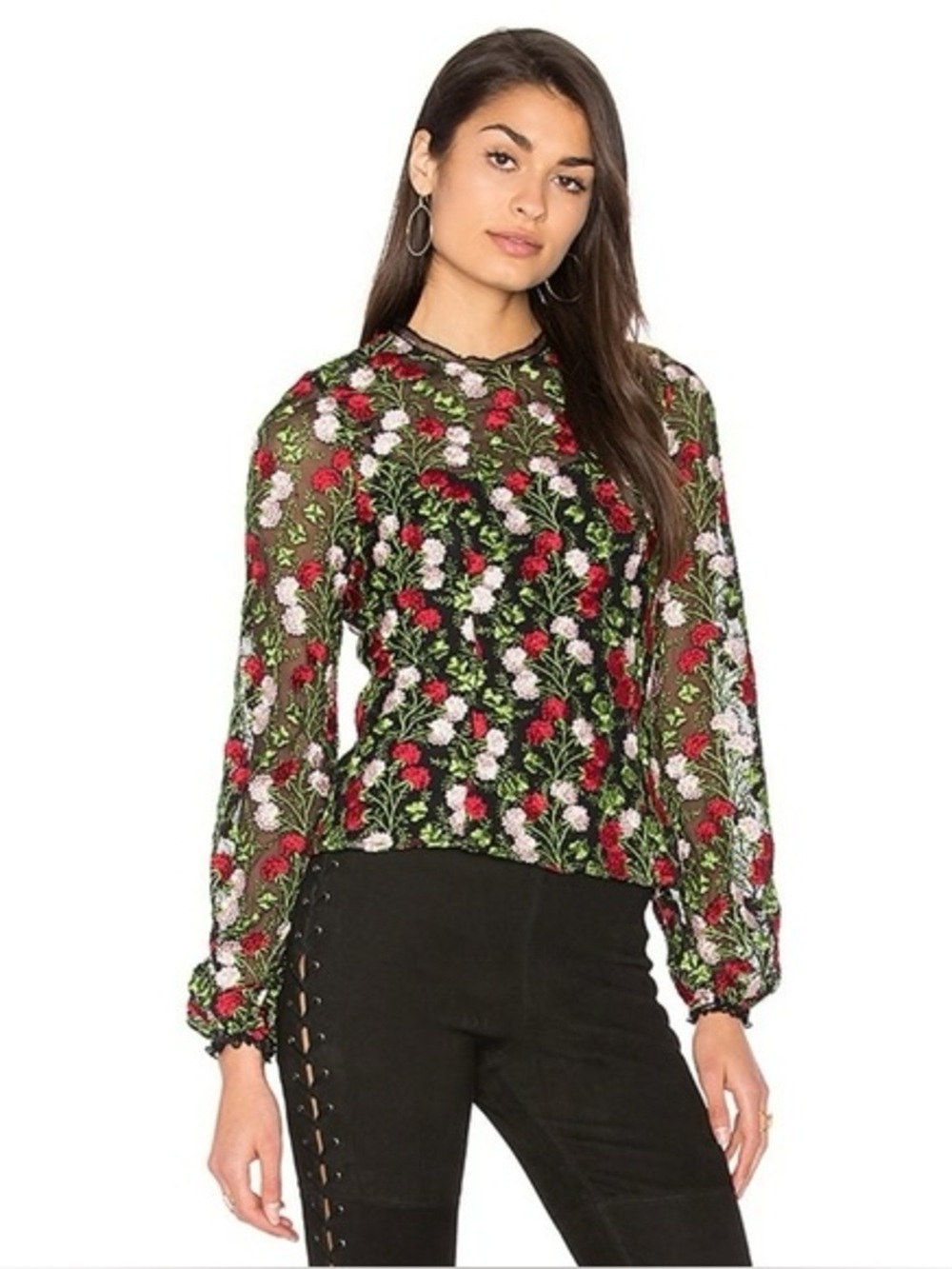 Alexis Aida Blouse in Embroidery Rose Blossom Floral Black Red Green White XS